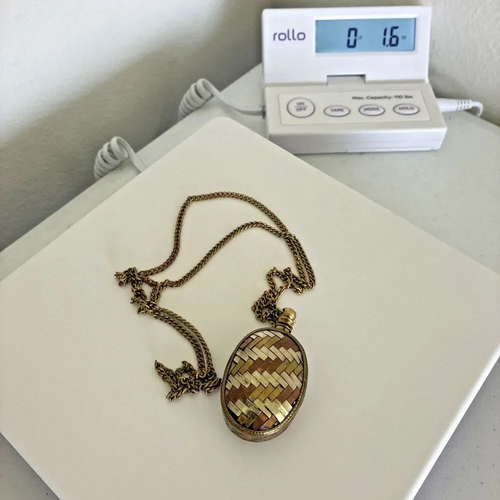 Vintage Perfume Bottle Necklace Pendant Chatelaine Woven Mixed Metal Flask 1.6oz